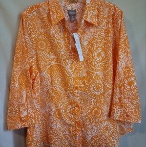 Chicos Women's Blouse Sz 3 New With Tags Orange White Batik 3/4 Sleeve